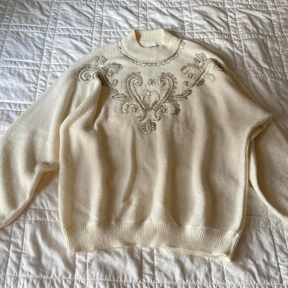 vintage mock neck embellished pearl bead knit sweater sz XL fairy christmas - Picture 1 of 8